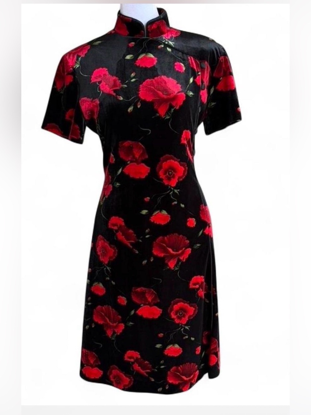 Vintage Evan Picone Black Midi Oriental Dress with Red Floral Print